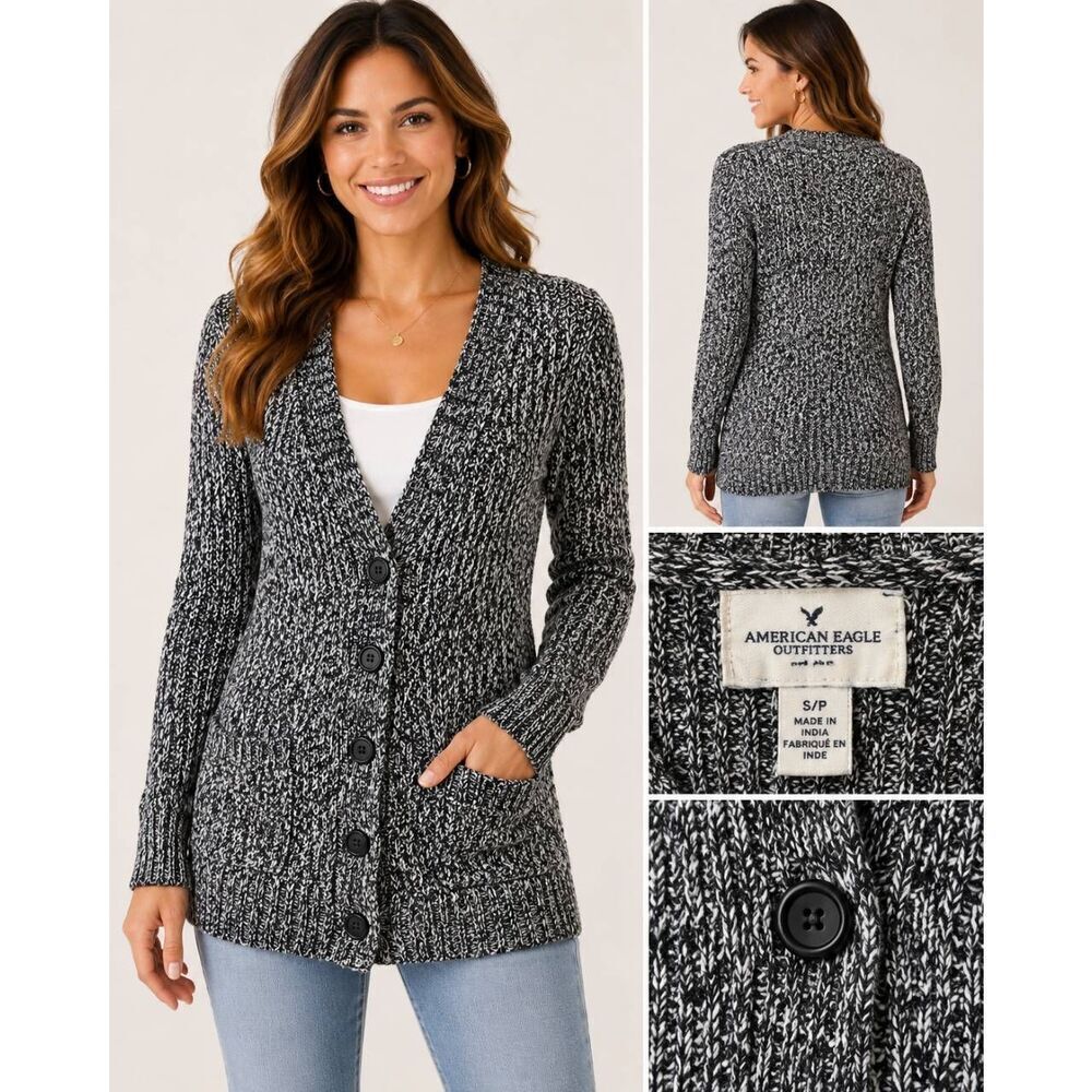 American Eagle S Black White Marled Button Cardigan